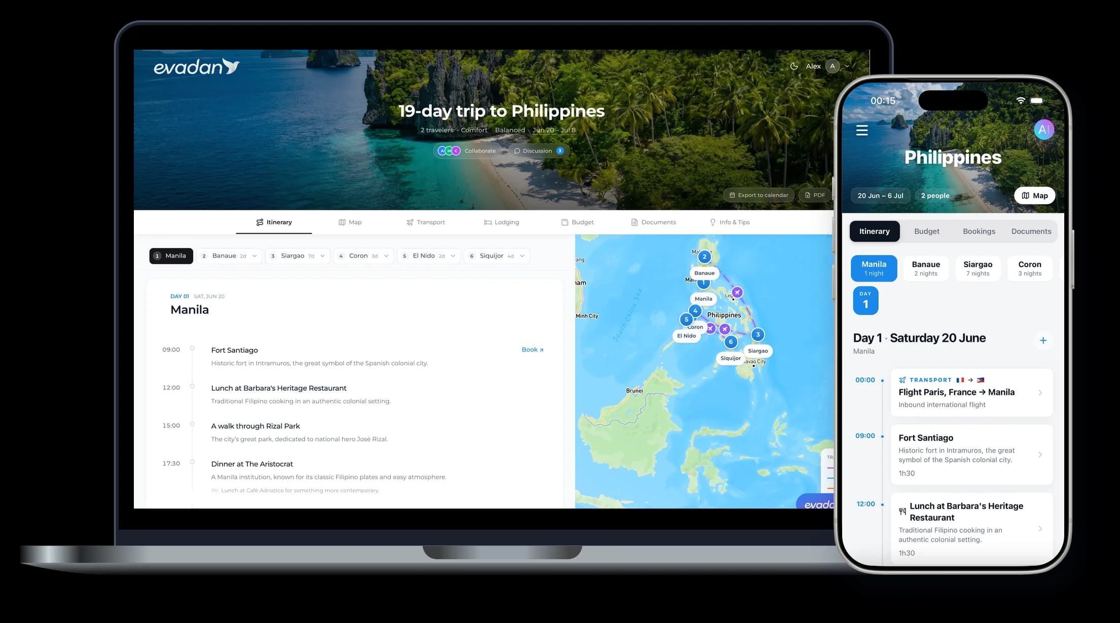 Le planificateur Evadan sur ordinateur et sur mobile : le même programme jour par jour et la carte du voyage