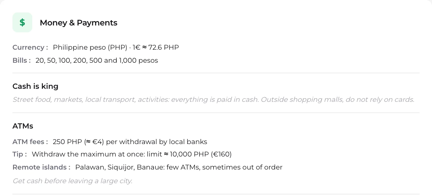 L’argent aux Philippines, des billets aux distributeurs, et la météo mois par mois
