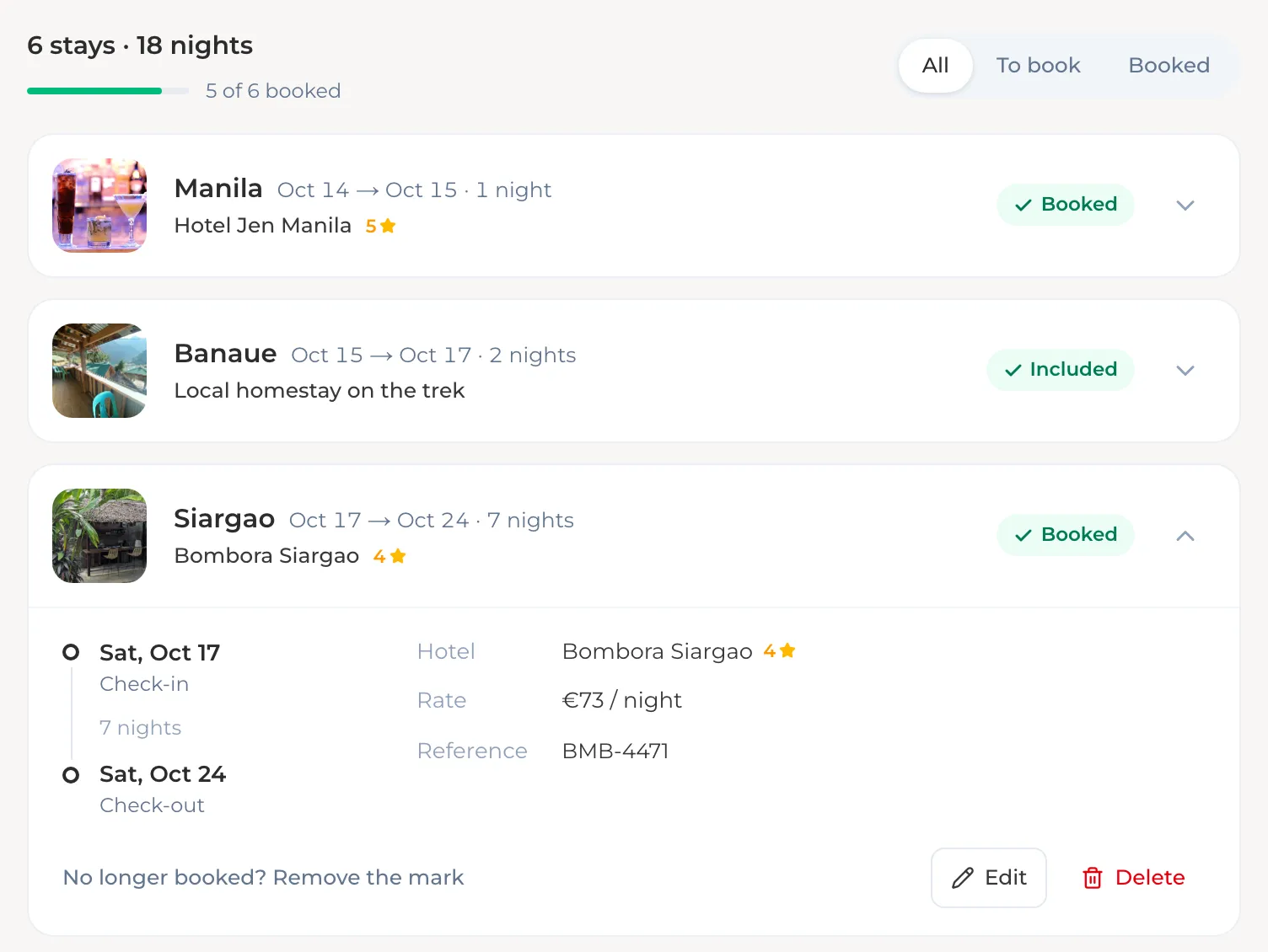 Les étapes du voyage et leurs hôtels, la réservation de Siargao dépliée avec sa référence, et la carte Evadan Hotels